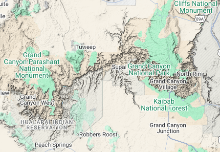 Shows the map view of the Grand Canyon in Arizona