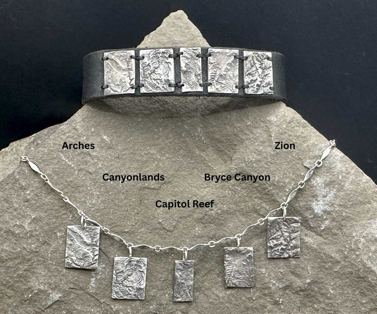Fine Silver necklace and bracelet of the Mighty 5 Utah National Parks – Arches, Canyonlands, Capitol Reef, Bryce Canyon and Zion