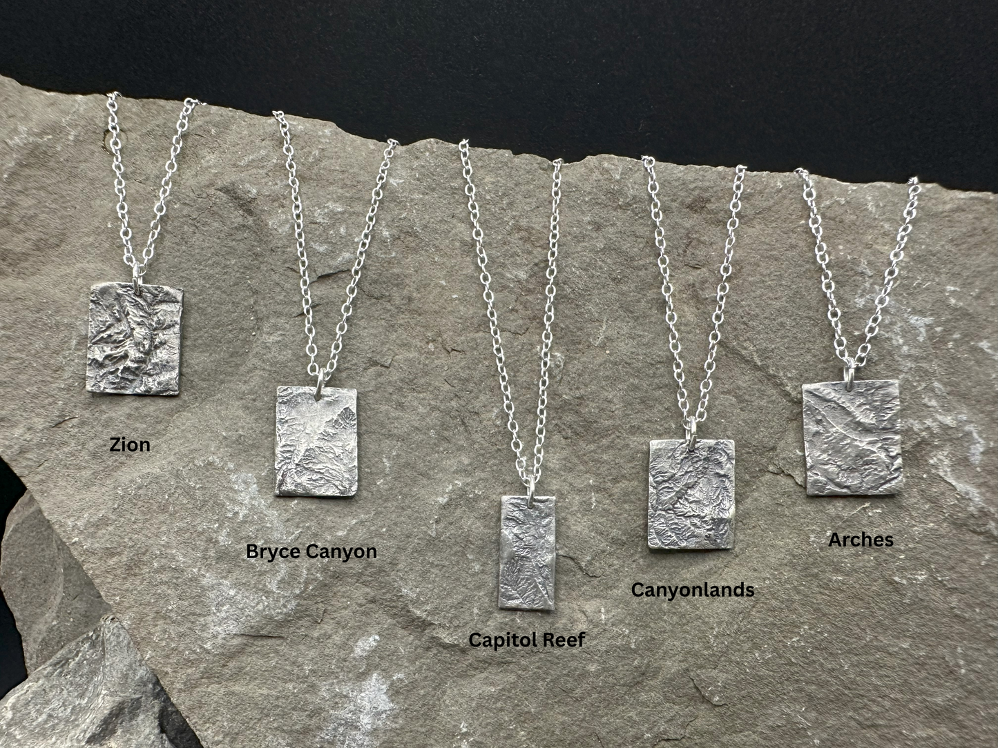 Fine Silver pendants of the 5 Utah national Parks - Zion, Bryce Canyon, Capitol Reef, Canyonlands, Arches
