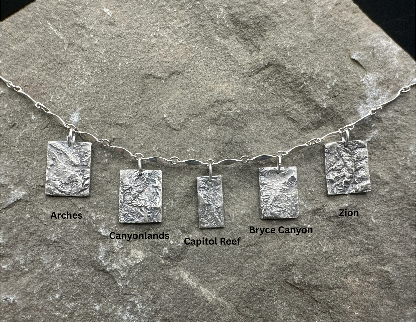 Fine Silver necklace and of the Mighty 5 Utah National Parks – Arches, Canyonlands, Capitol Reef, Bryce Canyon and Zion - made using topographic data