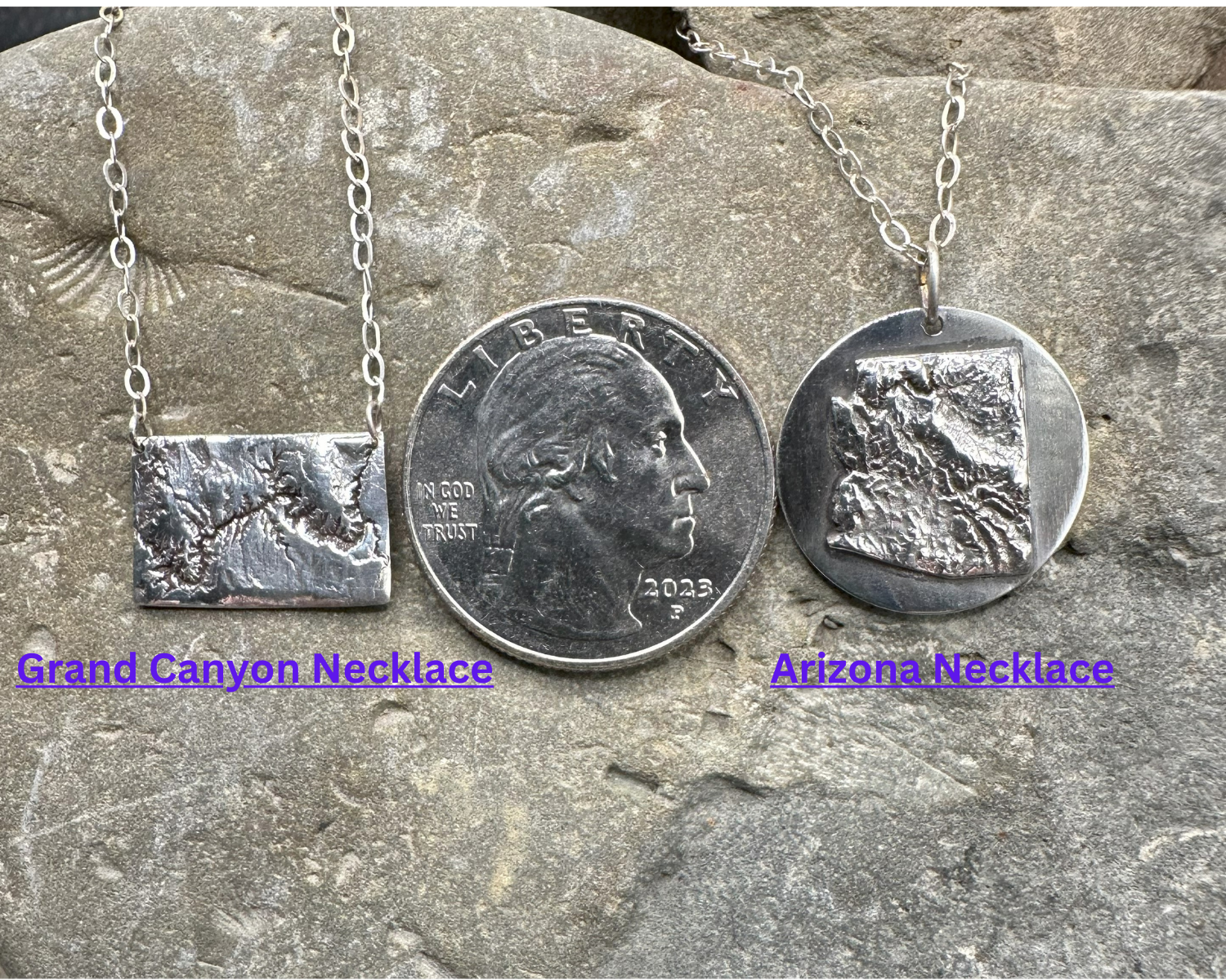 Shows the size comparison of the handcrafted silver Grand Canyon Necklace and the Arizona State Necklace to a US quarter coin