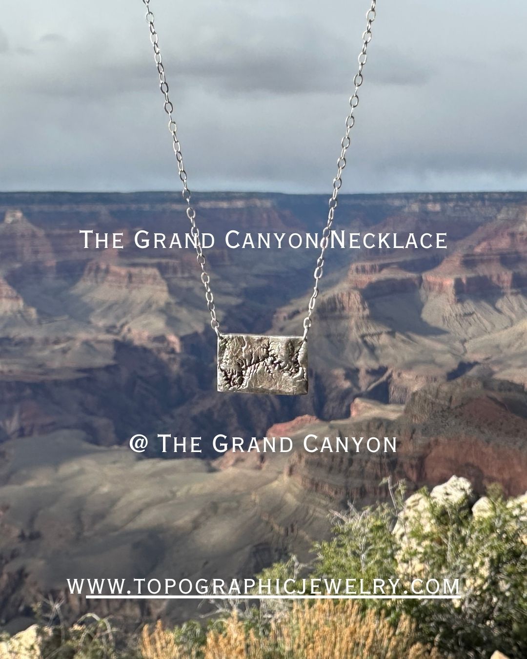 A handcrafted silver necklace showing the topographic contours of the Grand Canyon while visiting the Grand Canyon