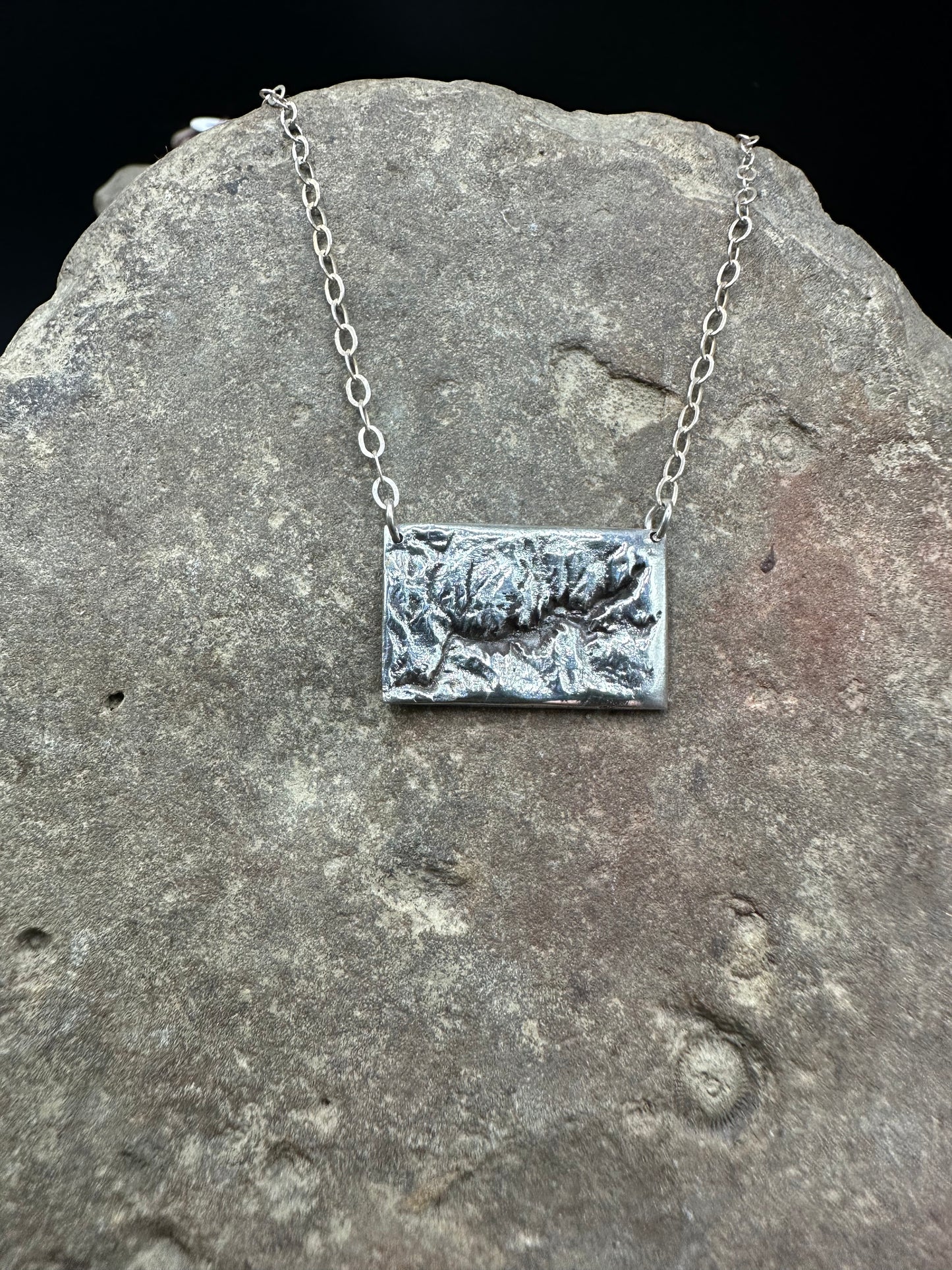 A handcrafted silver necklace showing the topographic contours of Yosemite – front view